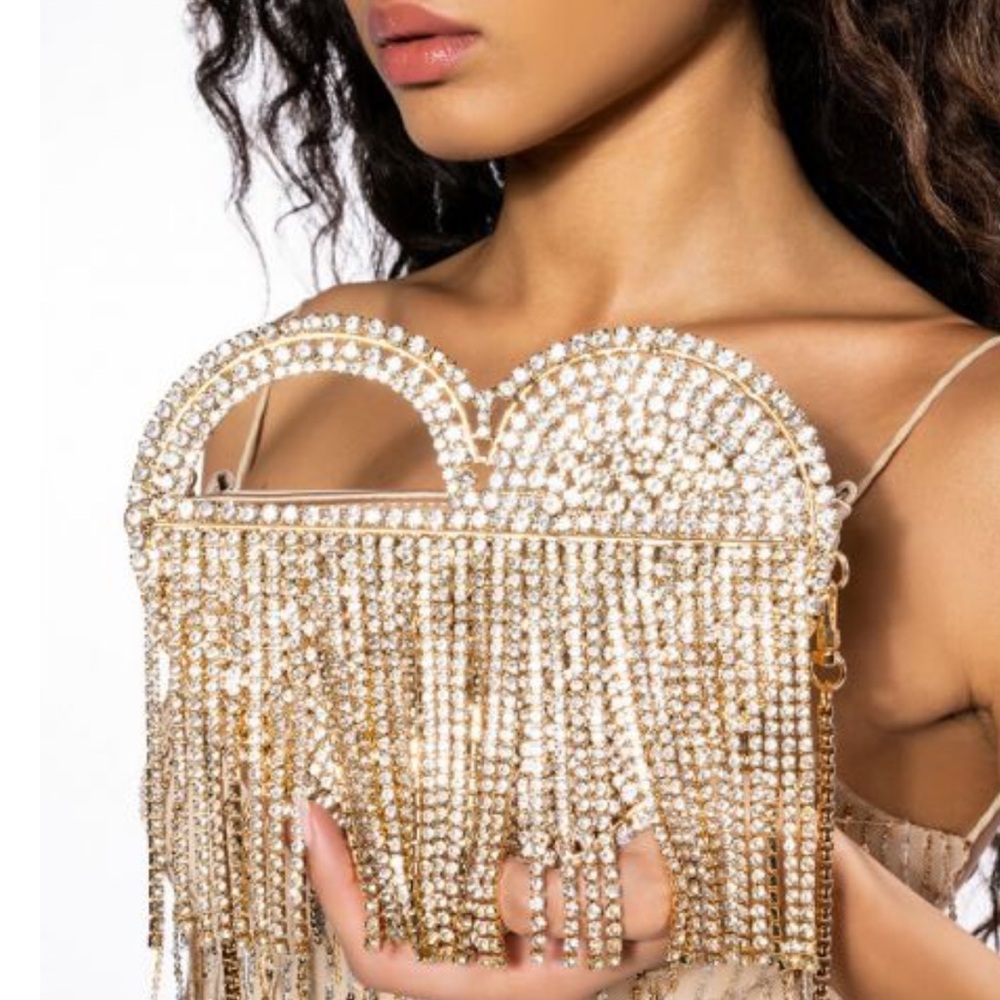 Shop Akira gold lover drippy bag rhinestone diamonds gold heart shape bag